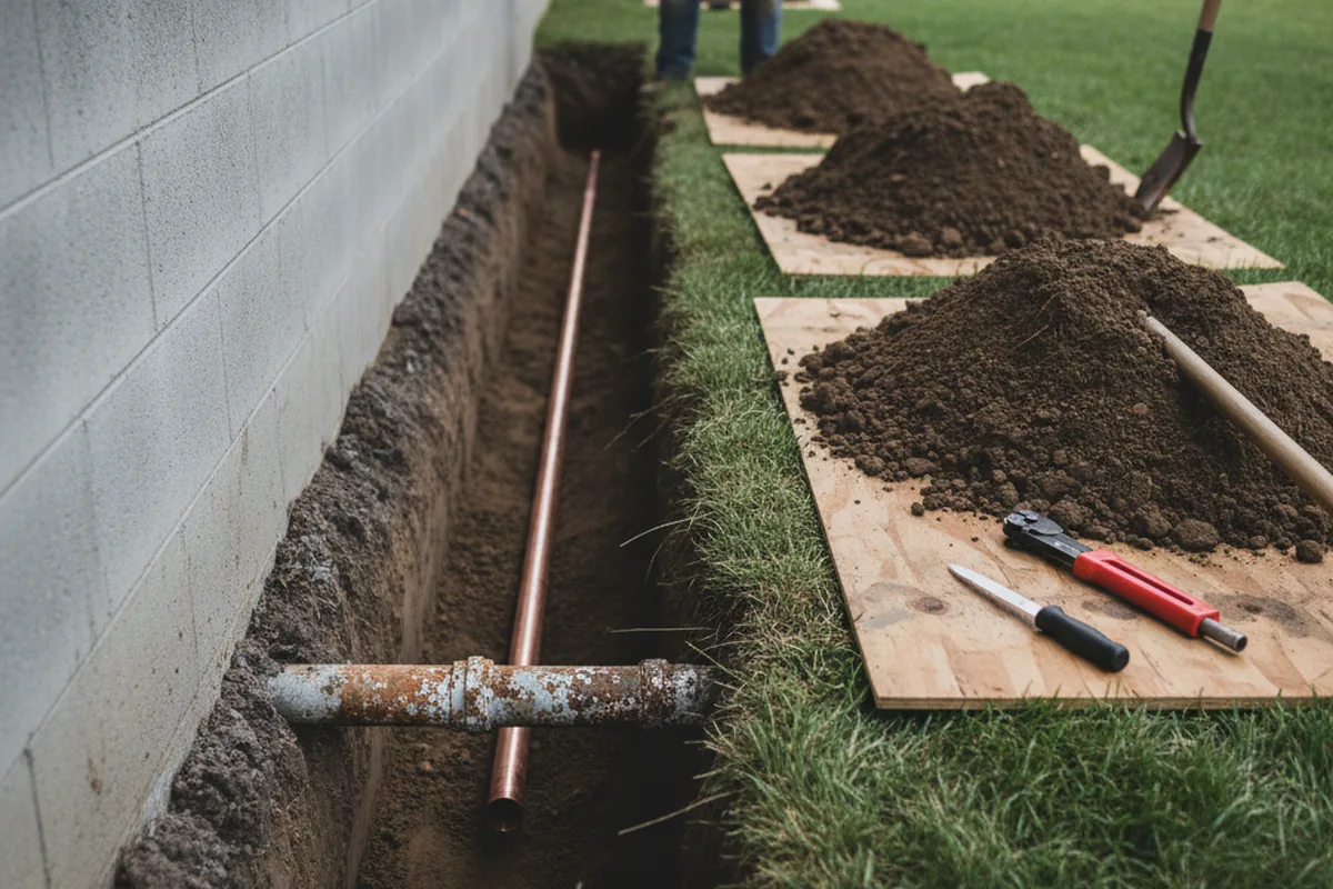 Excavated water line trench during Sewer Line Repair in Maple Grove